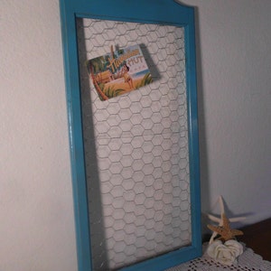 Rustic Aqua Turquoise Teal Blue Shabby Chic Chicken Wire Memo Board Photo Picture Display Beach Cottage Country Farmhouse Home Decor Wedding image 2
