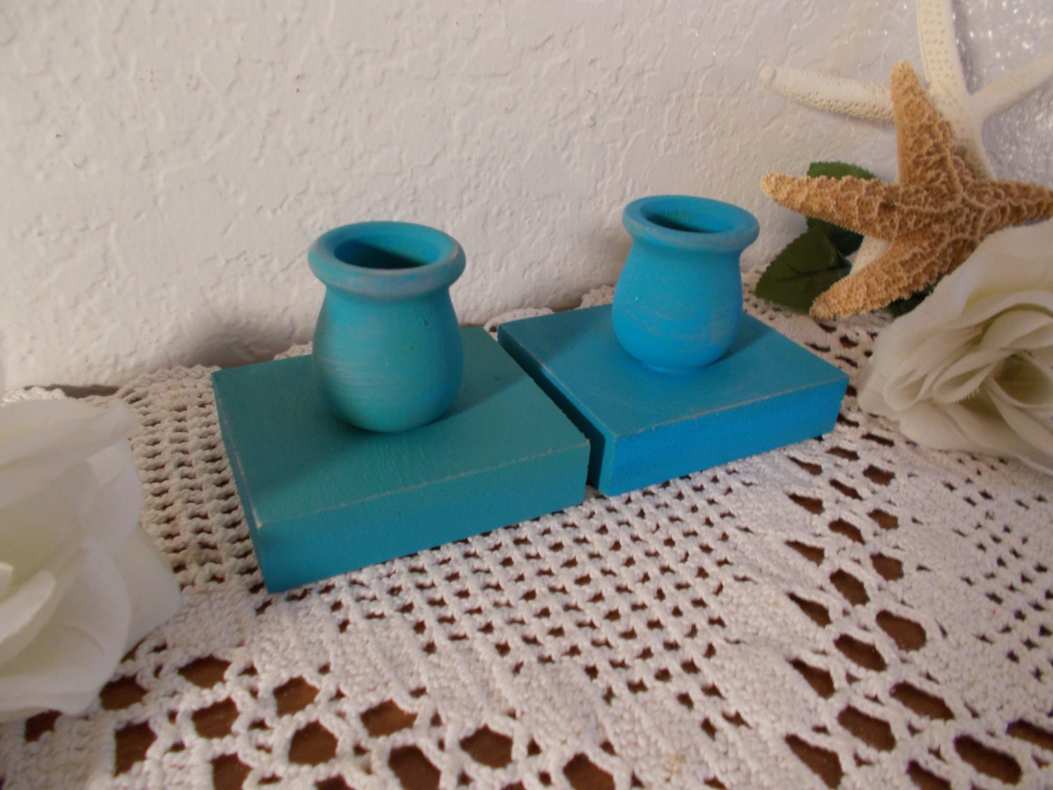 Rustic Aqua Turquoise Blue Taper Candle Holder Set Up Cycled Etsy