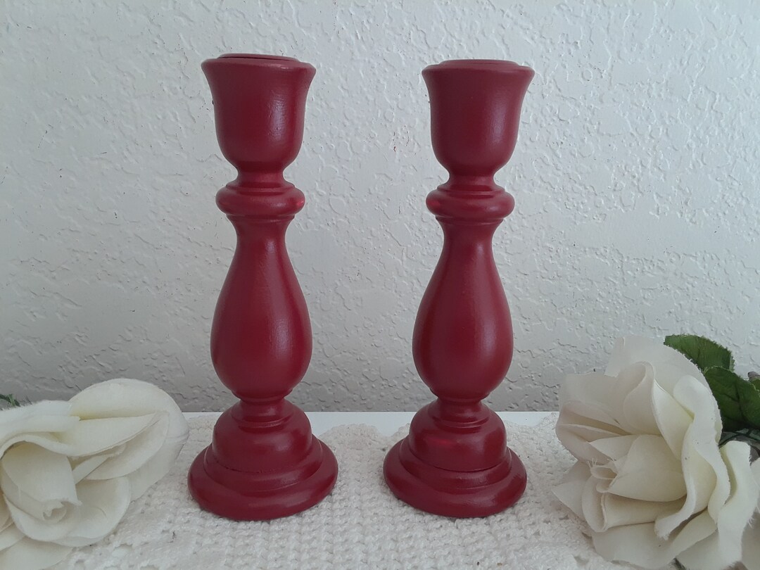 Red Candle Holder Set Upcycled Vintage Rustic Shabby Chic Etsy