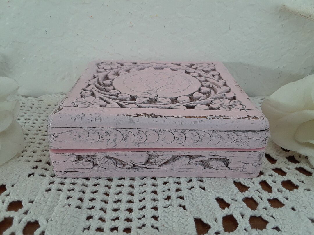 Pink Jewelry Box up Cycled Vintage Rustic Shabby Chic Distressed Carved ...