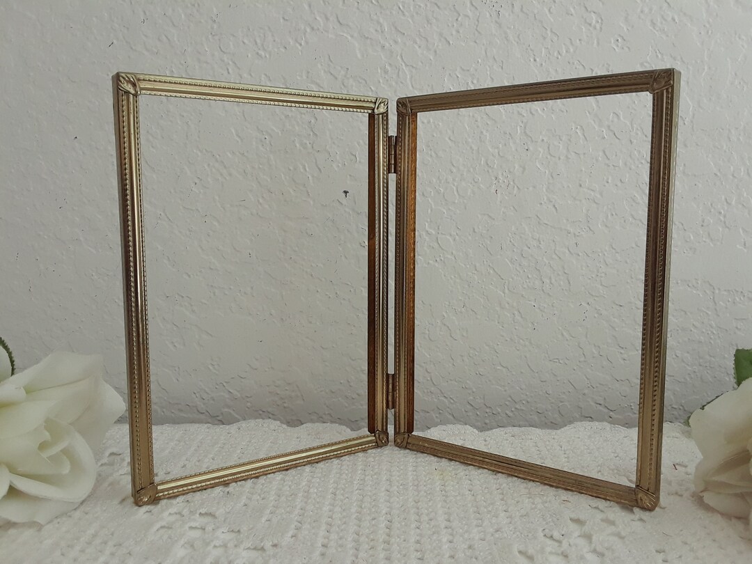 Vintage Ornate Double Hinged Gold Metal Picture Frame Folding 2 - 5 X 7 ...