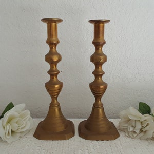 Antique Gold Beehive & Diamond Cast Brass Taper Candle Holder Set Two Pair Matching Candlesticks English Georgian Victorian Home Decor