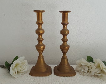 Antique Gold Beehive & Diamond Cast Brass Taper Candle Holder Set Two Pair Matching Candlesticks English Georgian Victorian Home Decor