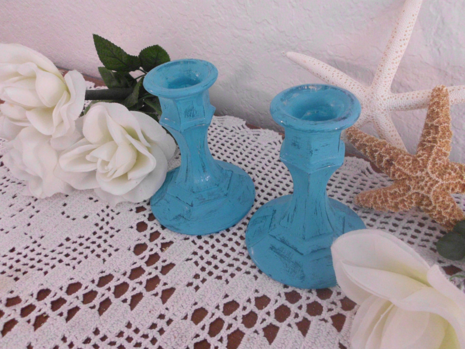 Blue Candle Holder Set Rustic Aqua Turquoise Teal Blue Shabby Etsy