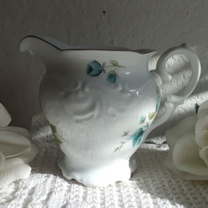 Vintage Wawel Blue Morning Flower Green Leaves White Silver Rim Creamer Mid Century Cottage Country Farmhouse Kitchen Home Decor Gift Her