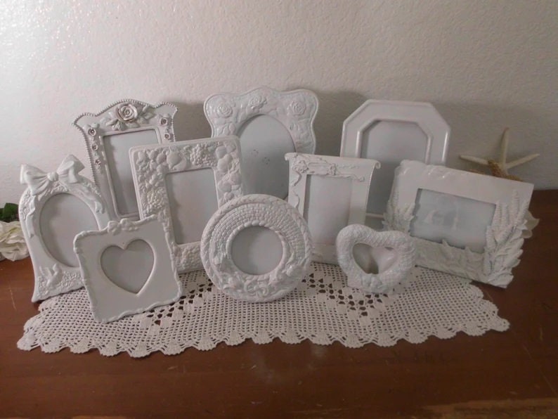 White Shabby Chic Picture Frame Set Rustic Distressed Photo Wedding Reception Decoration French Country Garden Cottage Home Decor Gift Her image 1