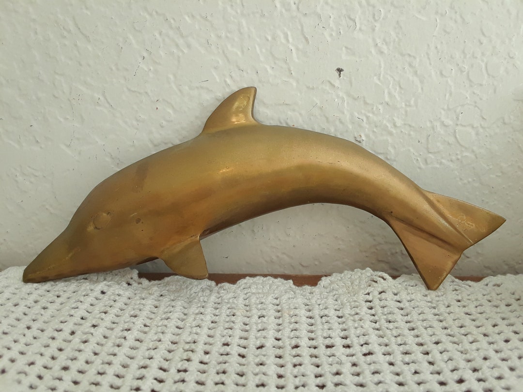 Vintage Gold Brass Dolphin Wall Hanging Decoration Mid Century