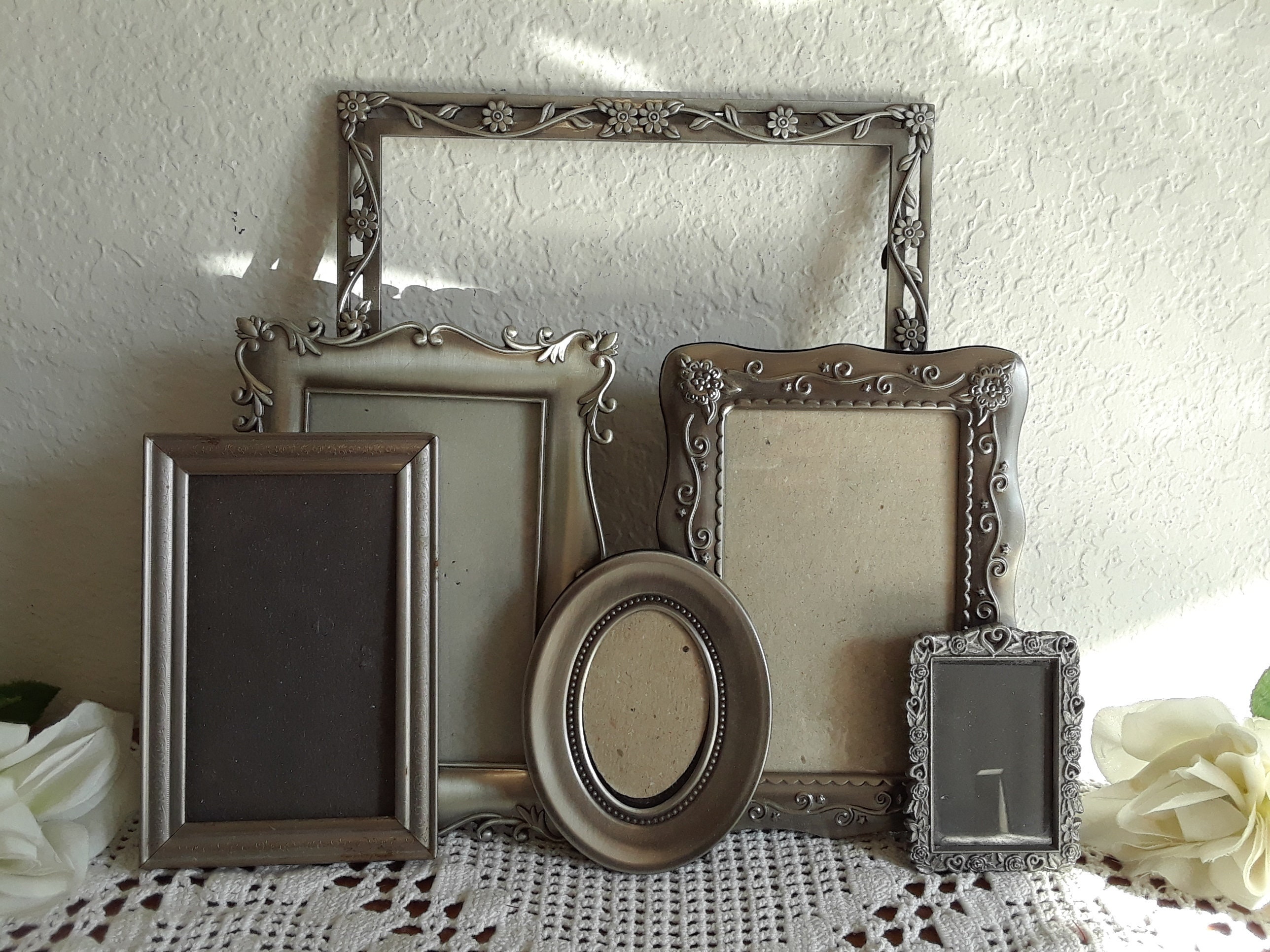 Vintage Ornate Dark Silver Grey Metal & Pewter Picture Frame Set