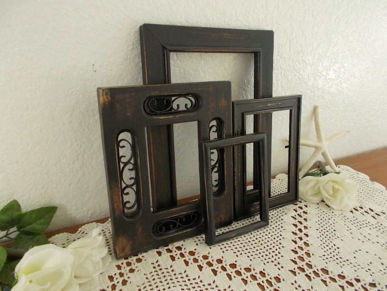 Black Picture Frame Set Upcycled Vintage Rustic Shabby Chic Distressed Wood French Country Farmhouse Traditional Western Mancave Home Decor