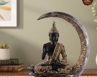 Mond Buddha Prunkstück Schwarz Gold | Resin Buddha Statue für Wohnkultur, Wohnzimmer, Büro, Schreibtisch & Meditationsraum