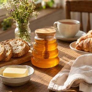 May include: A clear glass honey jar with a tiered, beehive-inspired shape, filled with golden honey and topped with a wooden lid. A wooden honey dipper is submerged inside the jar, which sits on a wooden surface alongside bread and butter.