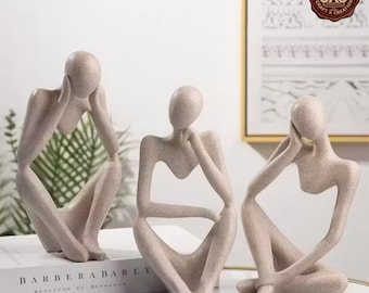 Thinker Statues Set of 3 | Abstract Sandstone Resin Sculpture Figurines for Home, Office & Bookshelf Decor