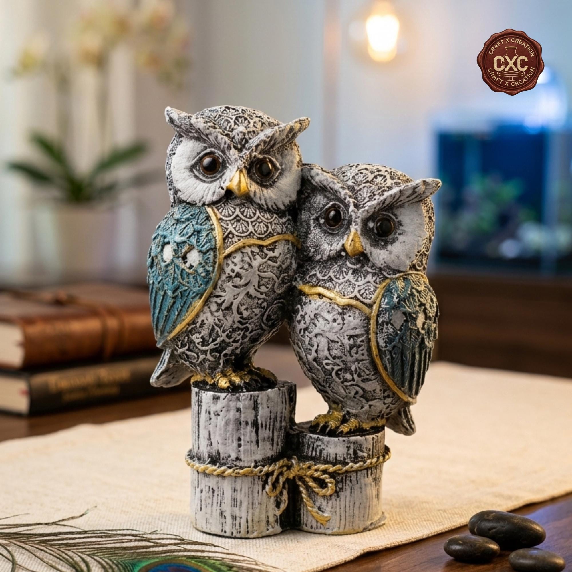 Cute Resin Joint Owl Sculpture | Vintage Owl Figurine | Blue Owl Tabletop Decor | Owl Family Statue 