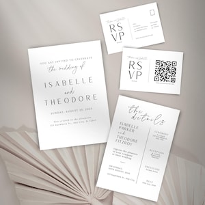 Lot de modèles de faire-part de mariage minimalistes : suite d'invitations Canva avec code QR RSVP, téléchargement immédiat