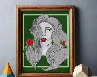 Retrato de mulher desenhado à mão | Arte floral verde (Download digital)