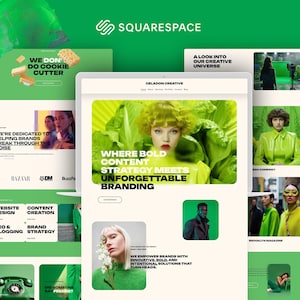 Może przedstawiać: Cyfrowy podgląd szablonu strony internetowej Squarespace z jaskrawozieloną paletą kolorów. Układ zawiera różne sekcje z pogrubionym czarnym tekstem, w tym nagłówek Where Bold Content Strategy Meets Unforgettable Branding oraz liczne zdjęcia ludzi i przedmiotów w odcieniach zieleni.