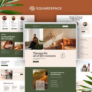 Może przedstawiać: Cyfrowa makieta interfejsu strony internetowej Squarespace dla gabinetu terapeutycznego. Układ zawiera paletę kolorów oliwkowej zieleni, kremu i terakoty, wyświetlając tekst taki jak Therapy for all of life's moments oraz A retreat from the everyday.
