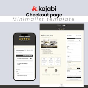 May include: A digital mockup of a checkout page template on a smartphone and a computer screen. The smartphone displays an offer template for $89.99 USD. The computer screen shows the checkout page with the text "Offer name here."