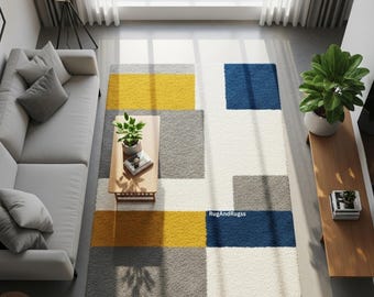 Modern Color Block Hand Tufted Wool Rug | Navy Blue Mustard Hand Tufted Living Room Rug