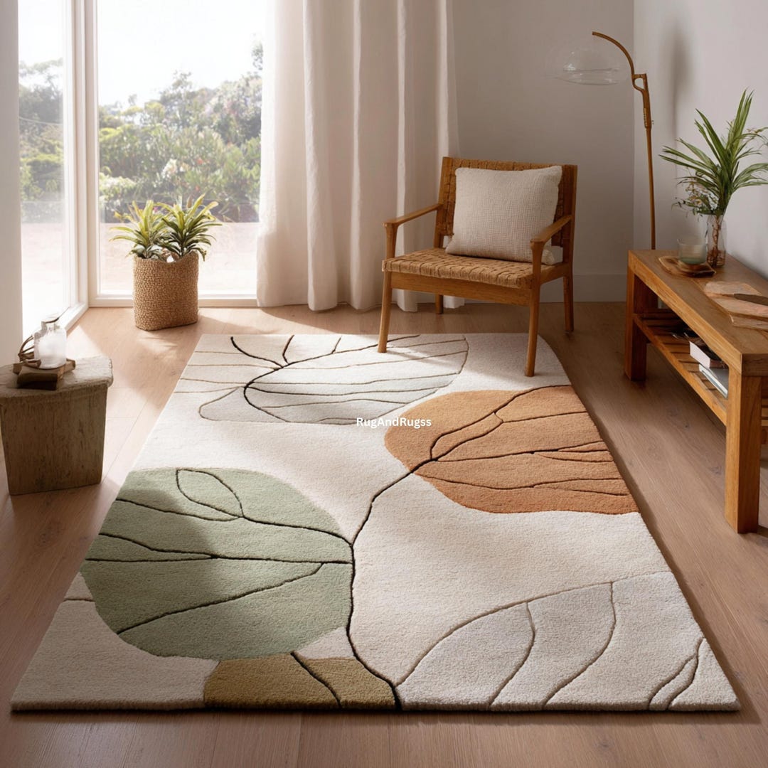 Abstract Leaf Pattern Area Rug Botanical Wool Rug | Modern Leaf Pattern Area Rug | Neutral Hand-tufted ...