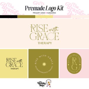 Op de afbeelding: Een kant-en-klare logo-kit met de tekst "RISE with GRACE THERAPY" in goud. De kit bevat primaire en submark logo's in verschillende ontwerpen en kleuren. De merknaam "The Brandsy Daisy" is zichtbaar aan de boven- en onderkant.