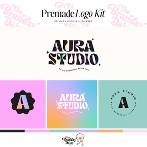 May include: A premade logo kit with the text "Aura Studio" in various designs. The designs include a black and white logo, a logo with a gradient background, and a logo with a black letter "A" on a mint green background.