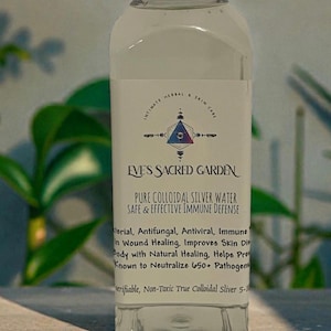 Puede incluir: Una botella de plástico transparente con tapa negra, que contiene un líquido transparente. La etiqueta dice "Eves Sacred Garden Pure Colloidal Silver Water". La botella está sobre una superficie de piedra, con follaje verde al fondo. Para la defensa inmunitaria.