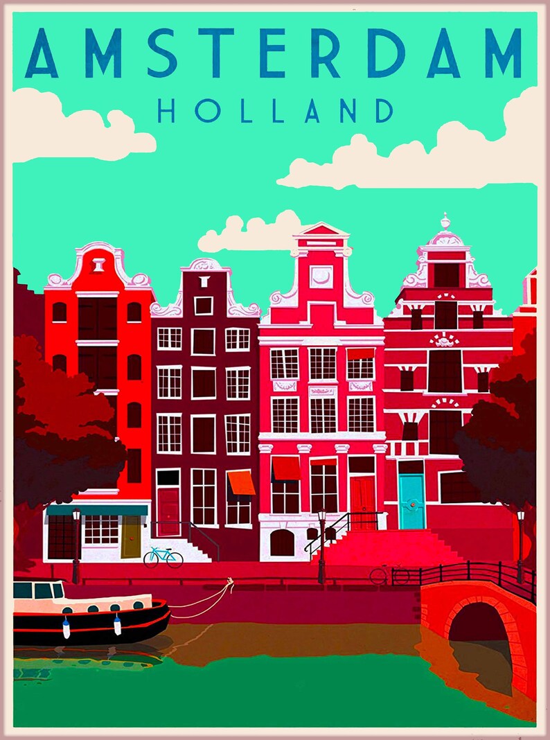 Amsterdam Holland Dutch Europe Vintage Travel Advertisement Etsy