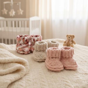 May include: A collection of handmade baby booties in various colors, including pink, beige, and a mix of red and white. The booties are crocheted and arranged on a cream-colored blanket, with a teddy bear in the background.