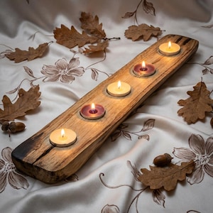 Massiver Eiche Teelichthalter Handgemacht 47cm Unikat 5 Lichter Sturmholz, Oak Wood Tealight Holder 5 Lights Unique, Model Pamela No.12