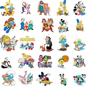 May include: A collection of colorful cartoon character stickers featuring popular animated series like The Simpsons, Mickey Mouse, and The Smurfs. The stickers showcase various characters in dynamic poses, perfect for decorating personal items.
