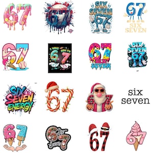 May include: A collection of colorful graphic designs featuring the numbers "67" and the words "Six Seven". The designs include a baseball, donuts, ice cream, and Santa Claus. The style varies from cartoonish to graffiti.