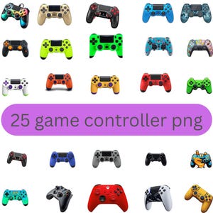 May include: A collection of 25 colorful game controllers in various designs and colors, including black, blue, green, and red. The controllers are arranged in rows and columns, with a purple banner that reads "25 game controller png".