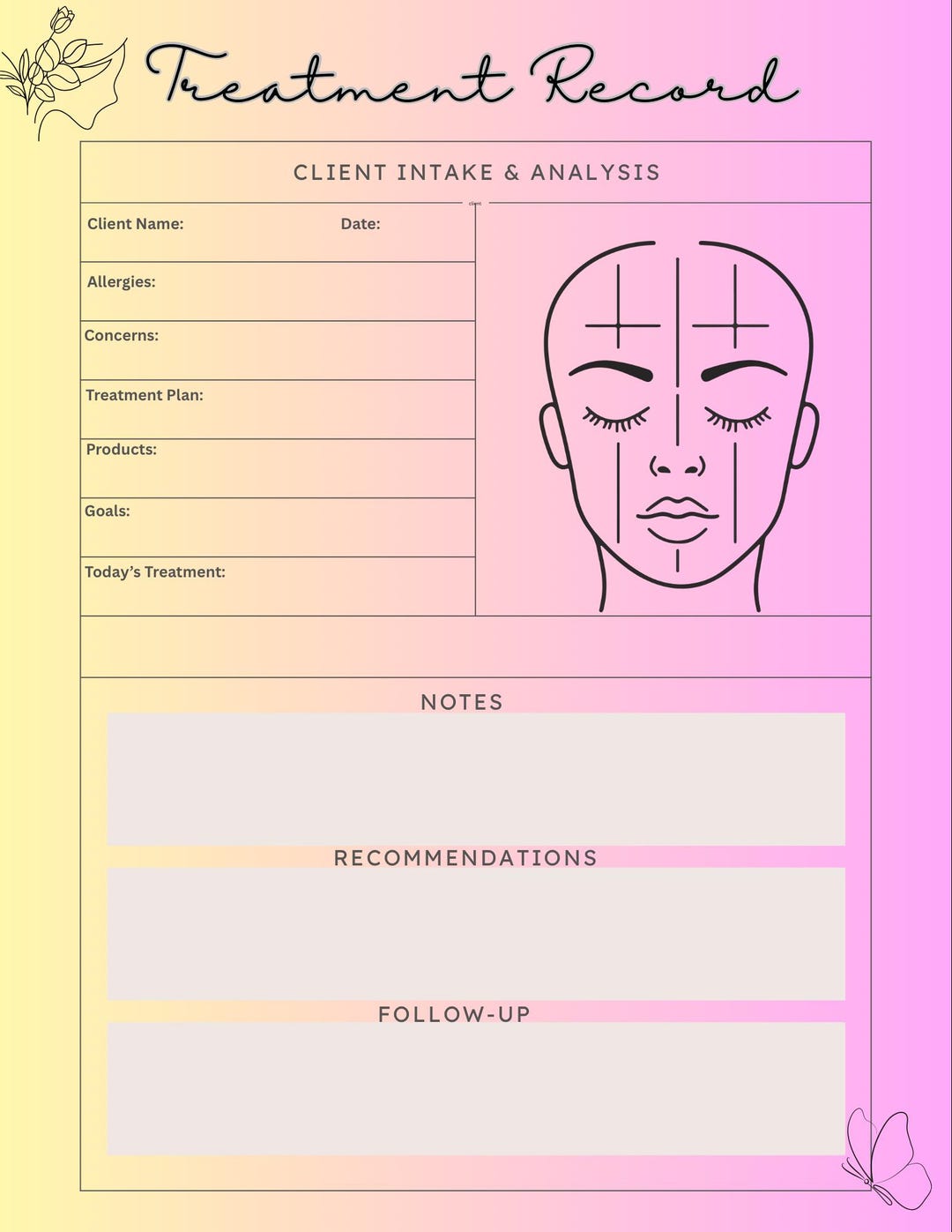 Skin Script Intake Form Esthetician Client Intake Form | Skin Analysis Sheet | Treatment Record ...