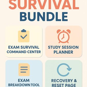Könnte beinhalten: Ein Bild mit dem Text "ADHD EXAM SURVIVAL BUNDLE". Es zeigt vier illustrierte Symbole mit Text: "EXAM SURVIVAL COMMAND CENTER", "STUDY SESSION PLANNER", "EXAM BREAKDOWN TOOL" und "RECOVERY & RESET PAGE".