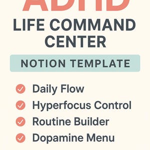 Op de afbeelding: Een digitale Notion-sjabloon getiteld "ADHD Life Command Center" in een perzik- en donkergrijze kleurstelling. De sjabloon bevat functies zoals Daily Flow, Hyperfocus Control, Routine Builder en Dopamine Menu.