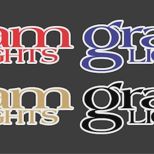 May include: Four "Gram Lights" logo designs in red, blue, gold, and black, each with a white outline. The logos are displayed on a dark gray background. The text is in a stylized font.