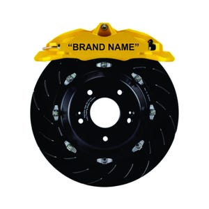 Può includere: Un gruppo rotore e pinza freno automobilistico ad alte prestazioni. La pinza è giallo brillante con la scritta "BRAND NAME". Il rotore è nero con design scanalato. Il gruppo è progettato per migliorare le prestazioni di frenata.