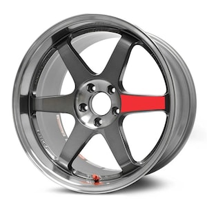 May include: A silver and gray alloy wheel with six spokes and a red accent. The wheel has a polished silver rim and a dark gray center with visible bolt holes. The wheel is designed for a vehicle.