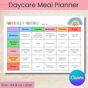 Menù settimanale per l'asilo nido, modello di pasto modificabile su Canva, menù stampabile per la scuola materna, planner per mamme