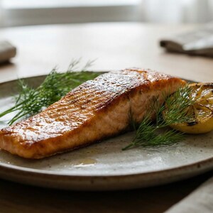 Könnte beinhalten: Ein gegrilltes Lachsfilet auf einem gesprenkelten Keramikteller, garniert mit Dill und einer Zitronenscheibe. Der Teller steht auf einem Holztisch, im Hintergrund Leinen-Servietten und Besteck. Eine kulinarische Präsentation.