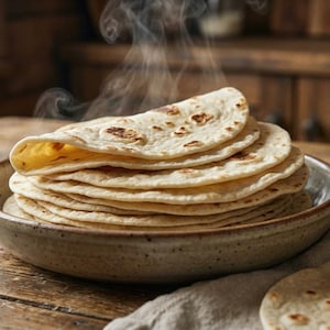 May include: A stack of freshly made, warm tortillas in a ceramic bowl. The tortillas are light brown with darker spots, and steam rises from them. The bowl sits on a wooden table, with a few tortillas on a linen cloth nearby.