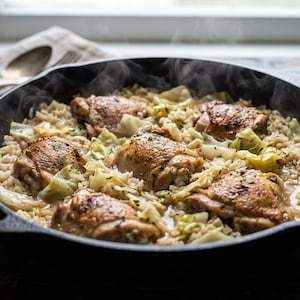Könnte beinhalten: Eine gusseiserne Pfanne mit gekochten Hähnchenschenkeln, Reis und Kohl. Das Hähnchen ist goldbraun, und Dampf steigt aus dem Gericht auf. Die Pfanne steht auf einer dunklen Holzoberfläche, mit einer Leinen Serviette und Besteck im Hintergrund.
