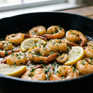 May include: A black cast iron pan containing cooked prawns, lemon wedges, and herbs. The prawns are a golden colour, and the lemons provide a bright yellow contrast. Fresh green herbs garnish the dish, suggesting a seafood meal.