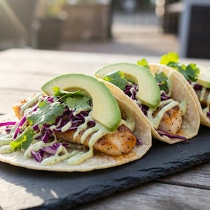 Può includere: Tre tacos di pesce su una lavagna nera. Ogni taco presenta un filetto di pesce bianco, cavolo rosso, coriandolo, fette di avocado e una salsa verde, il tutto in una tortilla calda. I tacos sono disposti su un tavolo di legno.
