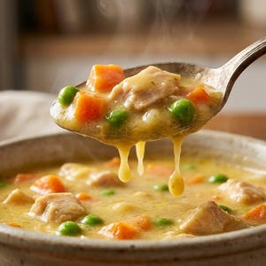 Könnte beinhalten: Nahaufnahme einer Schüssel mit Hühnchen-Topf-Pie-Suppe, mit einem Löffel, der einen Teil der Suppe anhebt. Die Suppe enthält Hühnerstücke, orangefarbene Karotten und grüne Erbsen in einer cremigen, gelben Brühe. Dampf steigt auf.