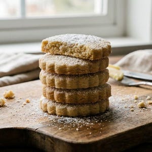 Könnte beinhalten: Ein Stapel von sechs Shortbread-Keksen, bestäubt mit Puderzucker, liegt auf einem Holzschneidebrett. Die Kekse haben einen gezackten Rand und eine hellbraune Farbe. Ein Messer und eine Gabel sind im Hintergrund zu sehen.