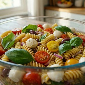 Puede incluir: Un cuenco de vidrio transparente lleno de ensalada de pasta. La ensalada incluye pasta fusilli, tomates cherry, bolas de mozzarella, hojas de albahaca, cebolla roja y aceitunas. Sobre una mesa de madera.