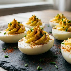 Könnte beinhalten: Deviled Eggs, serviert auf einem schwarzen Schieferbrett. Jede Eihälfte ist mit einer gelben Eigelbmischung gefüllt und mit Schnittlauch und Paprika garniert. Das Essen steht auf einem Holztisch in der Nähe eines Fensters.
