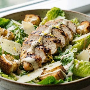 Puede incluir: Una ensalada César en un cuenco de cerámica. La ensalada contiene lechuga romana, picatostes, queso parmesano rallado y pollo a la parrilla en rodajas. Se rocía aderezo cremoso sobre los ingredientes. El cuenco está cerca de una ventana.